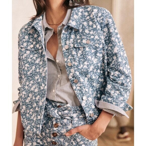 EUC Sezane Wilfried Floral Denim Jacket Snow Blue XXS - Picture 1 of 8
